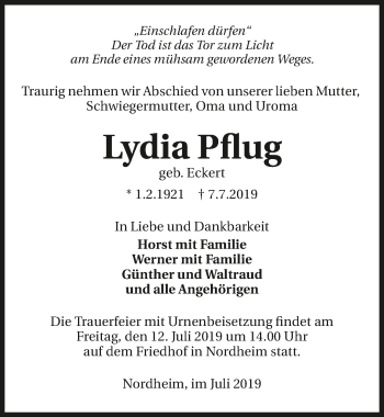 Traueranzeige von Lydia Pflug 