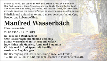 Traueranzeige von Manfred Wasserbäch 