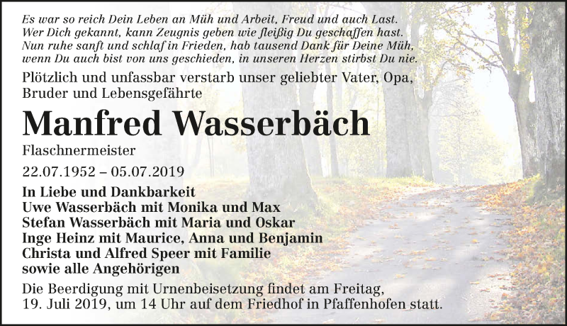  Traueranzeige für Manfred Wasserbäch vom 13.07.2019 aus 
