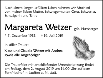Traueranzeige von Margarete Wetzer 