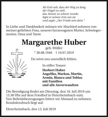 Traueranzeige von Margarethe Huber 