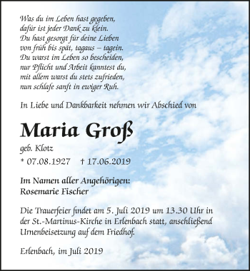 Traueranzeige von Maria Groß 