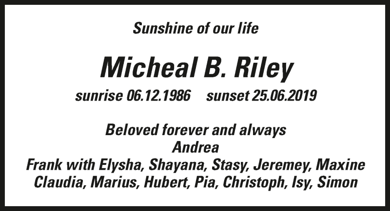  Traueranzeige für Michael Riley vom 03.07.2019 aus 