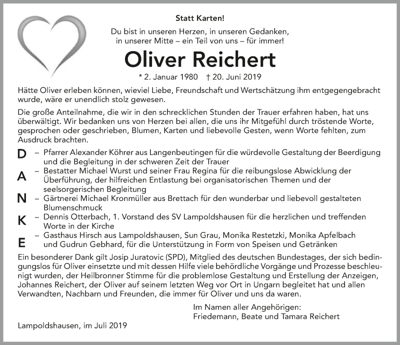  Traueranzeige für Oliver Reichert vom 27.07.2019 aus 