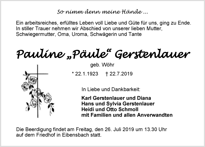  Traueranzeige für Pauline Gerstenlauer vom 24.07.2019 aus 
