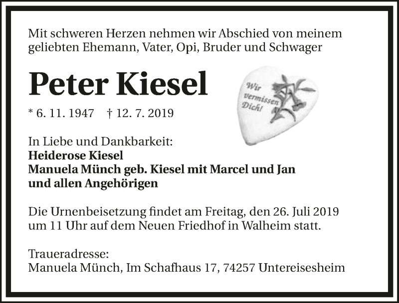  Traueranzeige für Peter Kiesel vom 23.07.2019 aus 