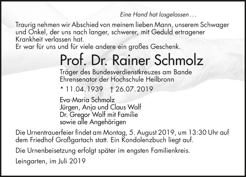  Traueranzeige für Rainer Schmolz vom 31.07.2019 aus 