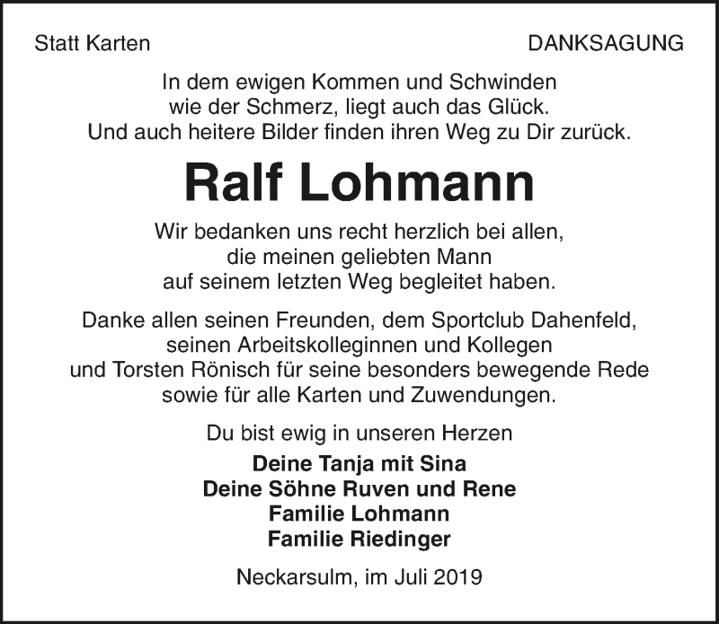  Traueranzeige für Ralf Lohmann vom 06.07.2019 aus 
