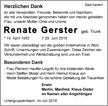 Traueranzeige von Renate Gerster 