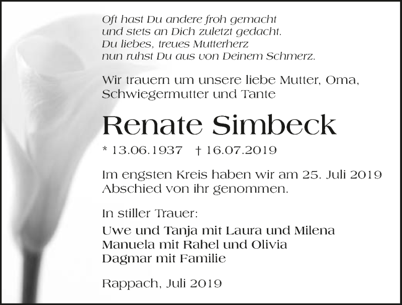  Traueranzeige für Renate Simbeck vom 26.07.2019 aus 