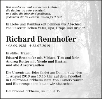 Traueranzeige von Richard Rennhofer 