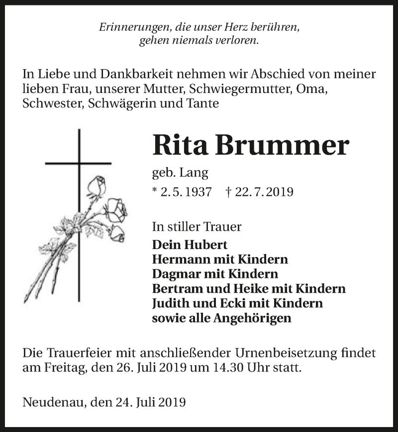  Traueranzeige für Rita Brummer vom 24.07.2019 aus 