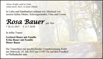 Traueranzeige von Rosa Bauer 