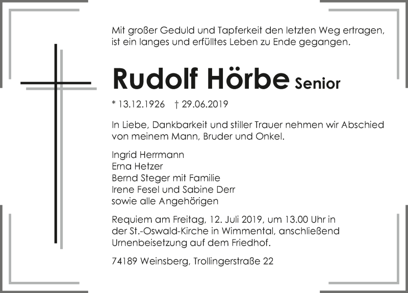  Traueranzeige für Rudolf Hörbe vom 06.07.2019 aus 