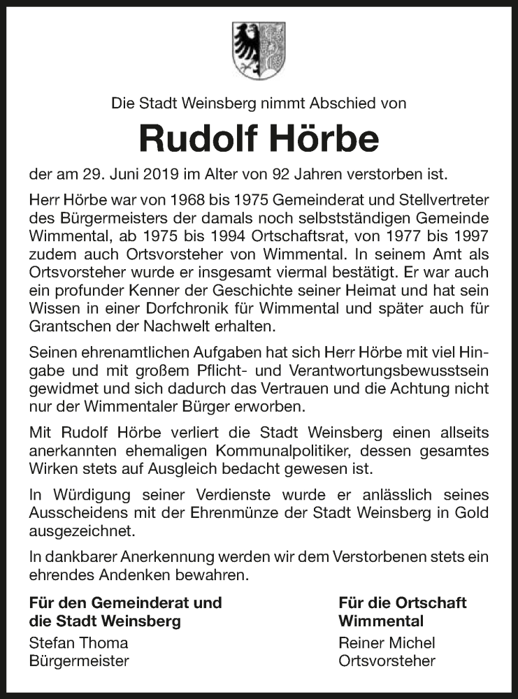  Traueranzeige für Rudolf Hörbe vom 06.07.2019 aus 