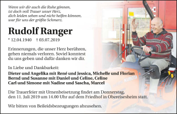 Traueranzeige von Rudolf Ranger 