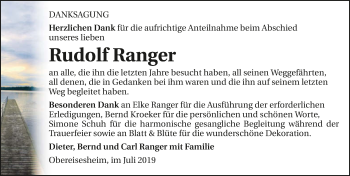 Traueranzeige von Rudolf Ranger 