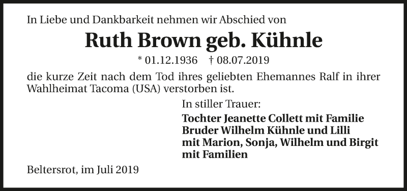  Traueranzeige für Ruth Brown vom 13.07.2019 aus 