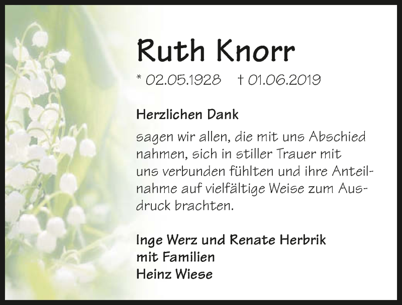  Traueranzeige für Ruth Knorr vom 02.07.2019 aus 