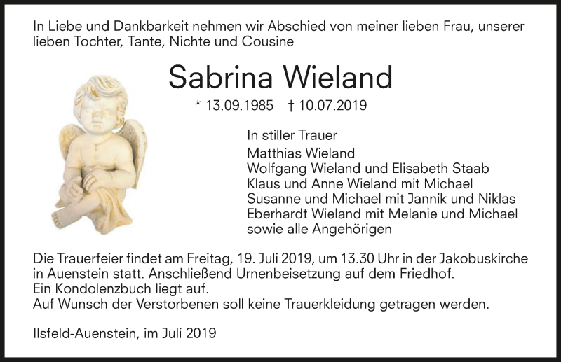  Traueranzeige für Sabrina Wieland vom 16.07.2019 aus 