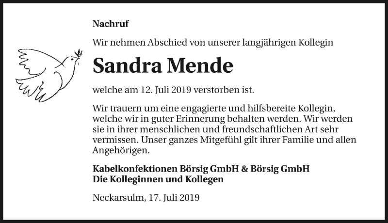  Traueranzeige für Sandra Mende vom 17.07.2019 aus 