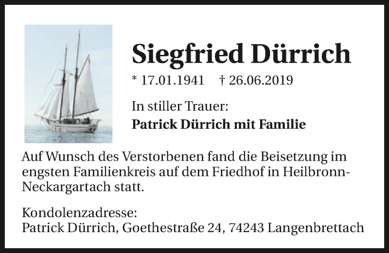  Traueranzeige für Siegfried Dürrich vom 19.07.2019 aus 