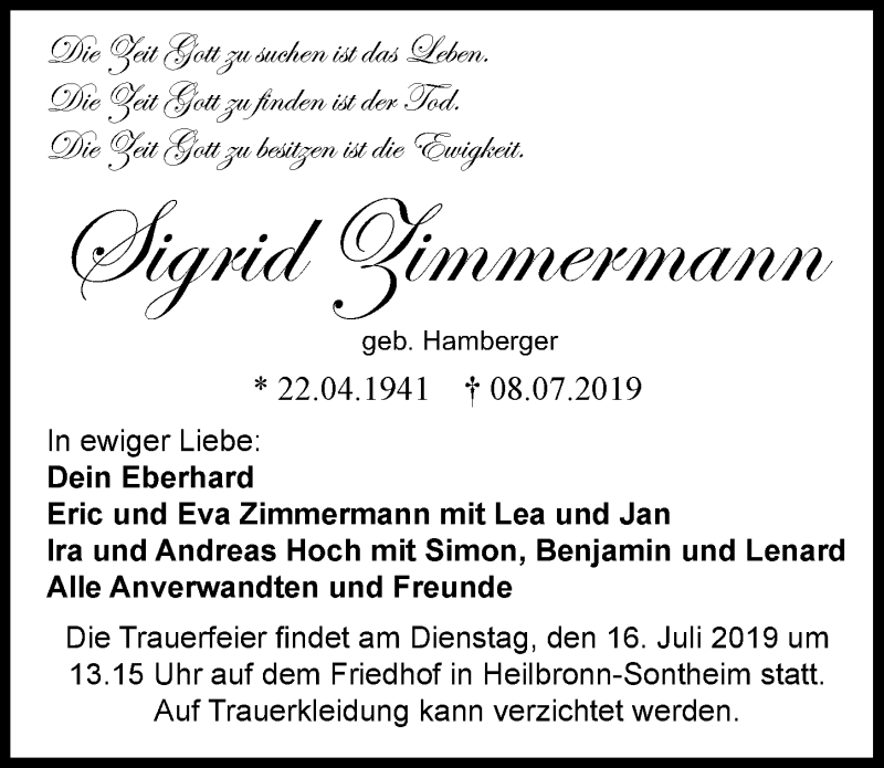  Traueranzeige für Sigrid Zimmermann vom 12.07.2019 aus 