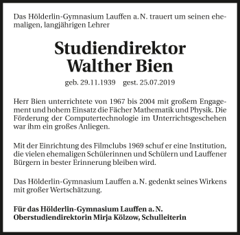 Traueranzeige von Walther Bien 