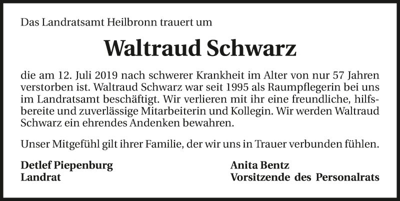  Traueranzeige für Waltraud Schwarz vom 17.07.2019 aus 