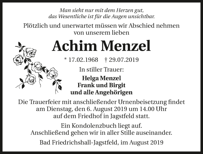  Traueranzeige für Achim Menzel vom 03.08.2019 aus 