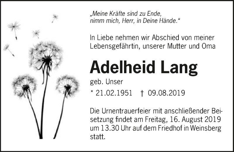  Traueranzeige für Adelheid Lang vom 14.08.2019 aus 