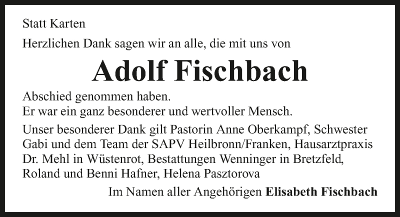  Traueranzeige für Adolf Fischbach vom 10.08.2019 aus 