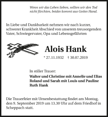 Traueranzeige von Alois Hank 
