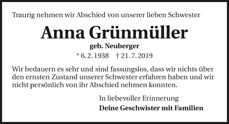  Traueranzeige für Anna Grünmüller vom 03.08.2019 aus 