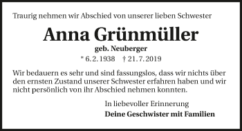 Traueranzeige von Anna Grünmüller 