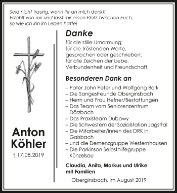 Traueranzeige von Anton Köhler 