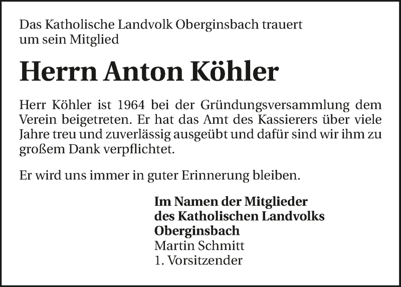  Traueranzeige für Anton Köhler vom 20.08.2019 aus 