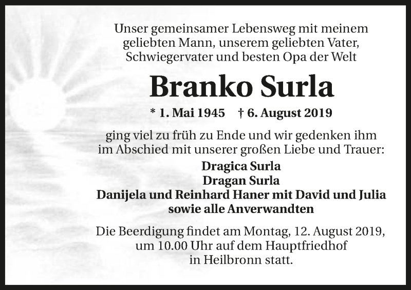  Traueranzeige für Branko Surla vom 08.08.2019 aus 