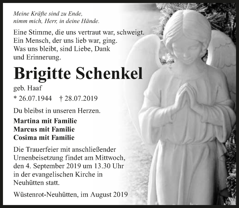  Traueranzeige für Brigitte Schenkel vom 31.08.2019 aus 