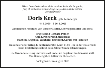 Traueranzeige von Doris Keck 