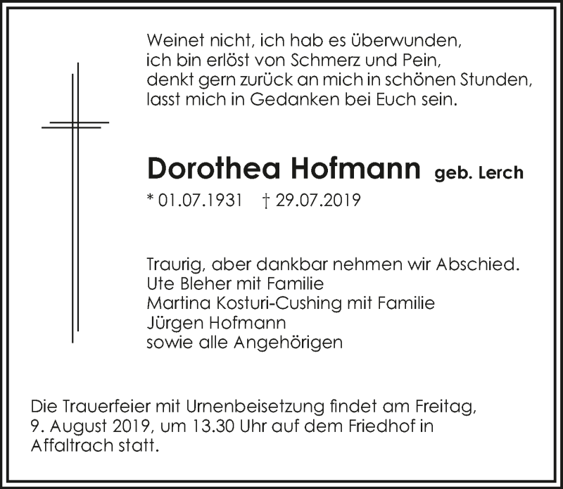  Traueranzeige für Dorothea Hofmann vom 03.08.2019 aus 