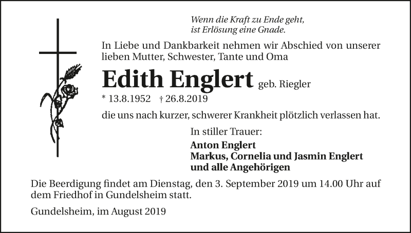  Traueranzeige für Edith Englert vom 30.08.2019 aus 