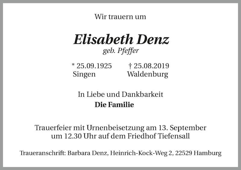  Traueranzeige für Elisabeth Denz vom 31.08.2019 aus 