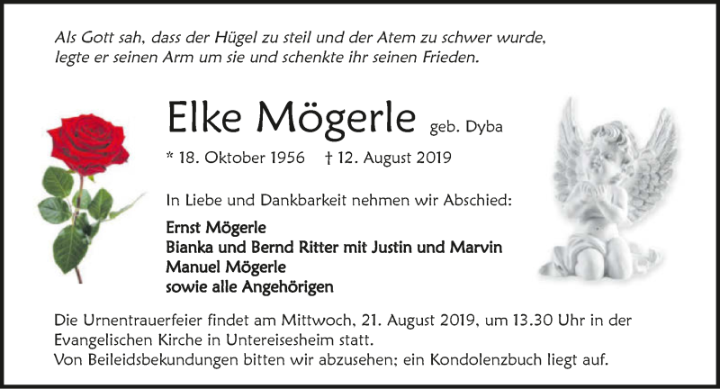  Traueranzeige für Elke Mögerle vom 15.08.2019 aus 