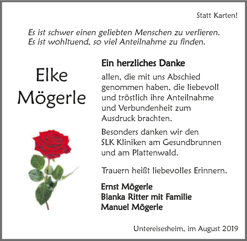  Traueranzeige für Elke Mögerle vom 31.08.2019 aus 