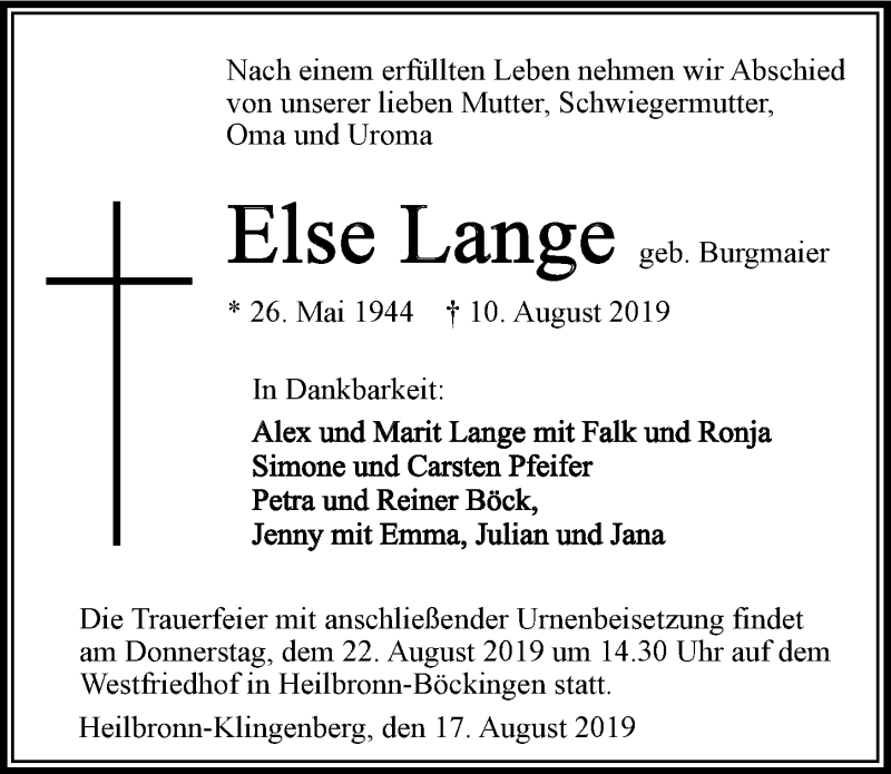  Traueranzeige für Else Lange vom 17.08.2019 aus 