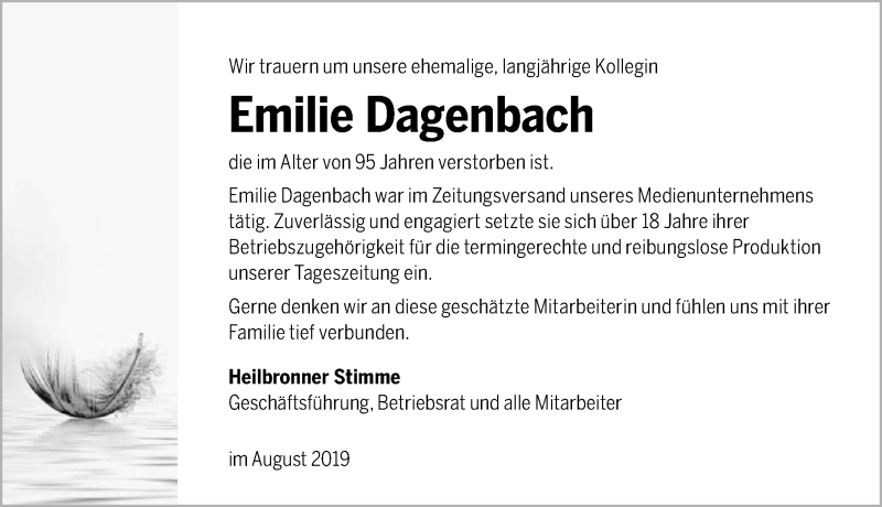  Traueranzeige für Emilie Dagenbach vom 27.08.2019 aus 