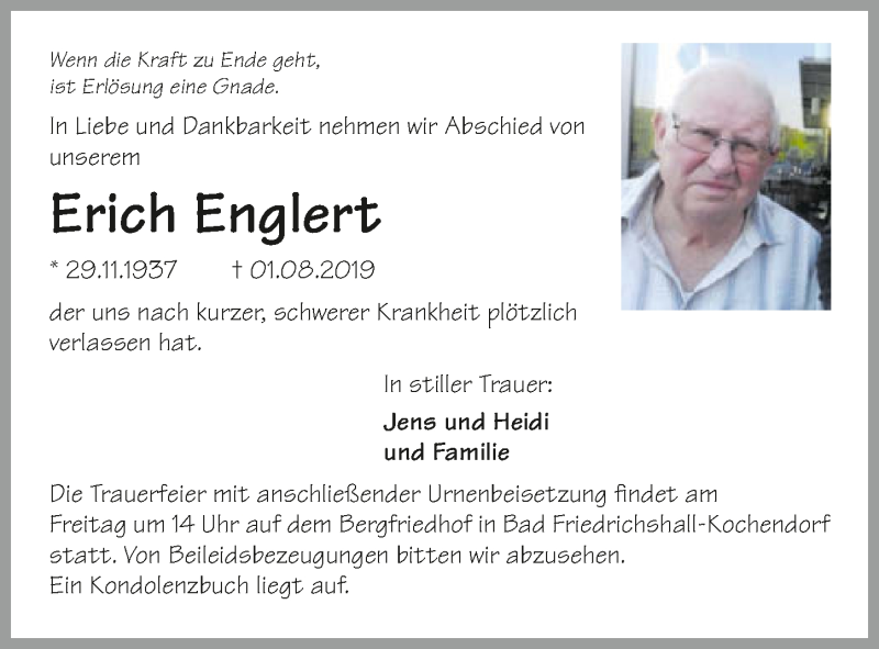  Traueranzeige für Erich Englert vom 03.08.2019 aus 