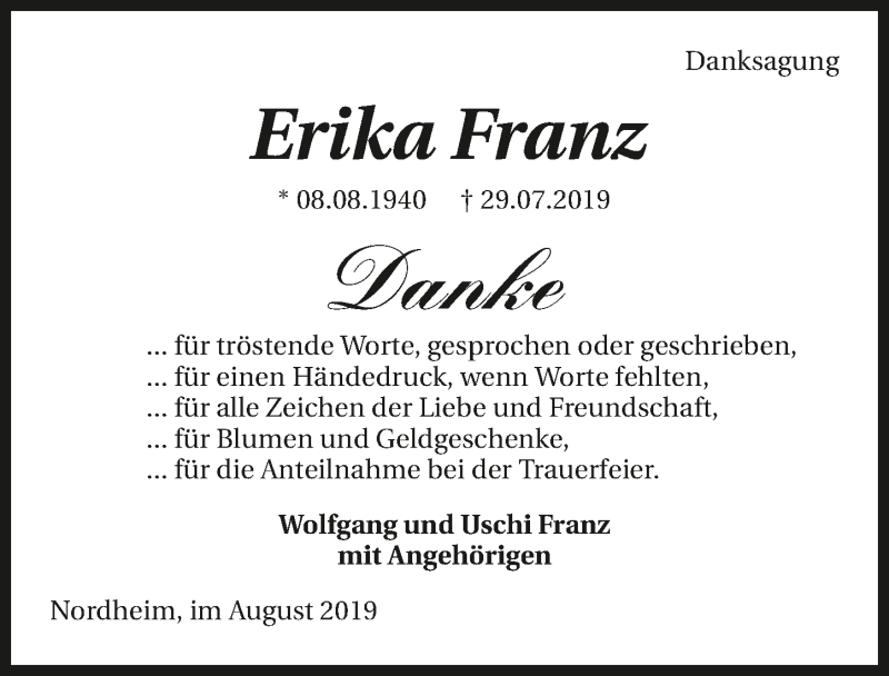  Traueranzeige für Erika Franz vom 12.08.2019 aus 