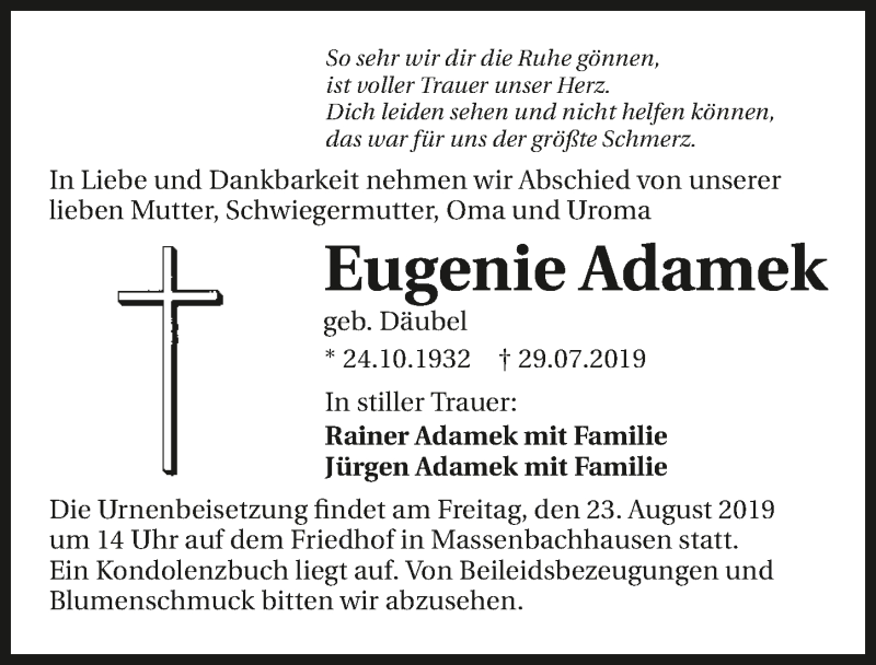  Traueranzeige für Eugenie Adamek vom 17.08.2019 aus 